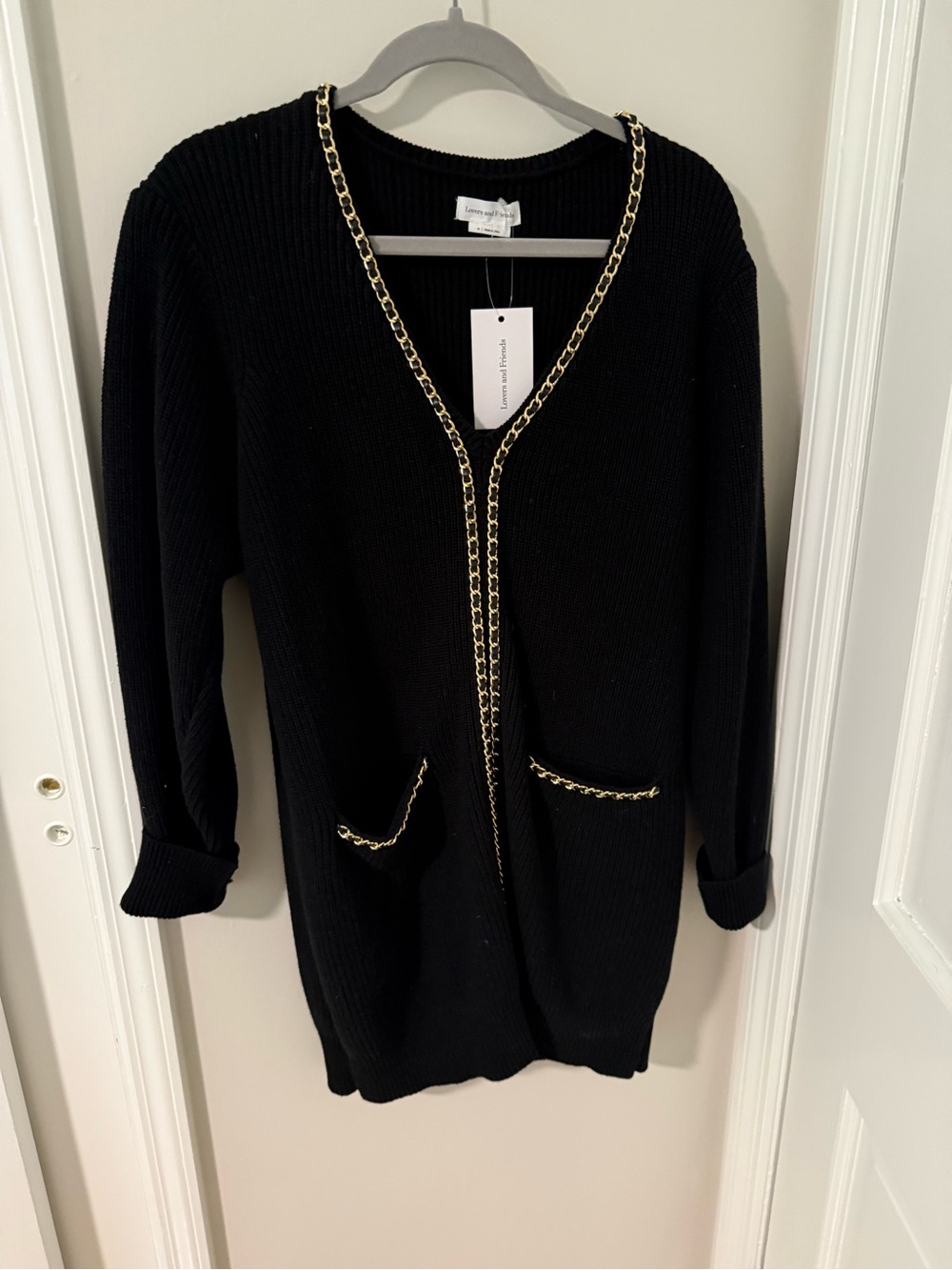 NWT Lovers + Friends Black Sweater Dress with Gold Chain Trim